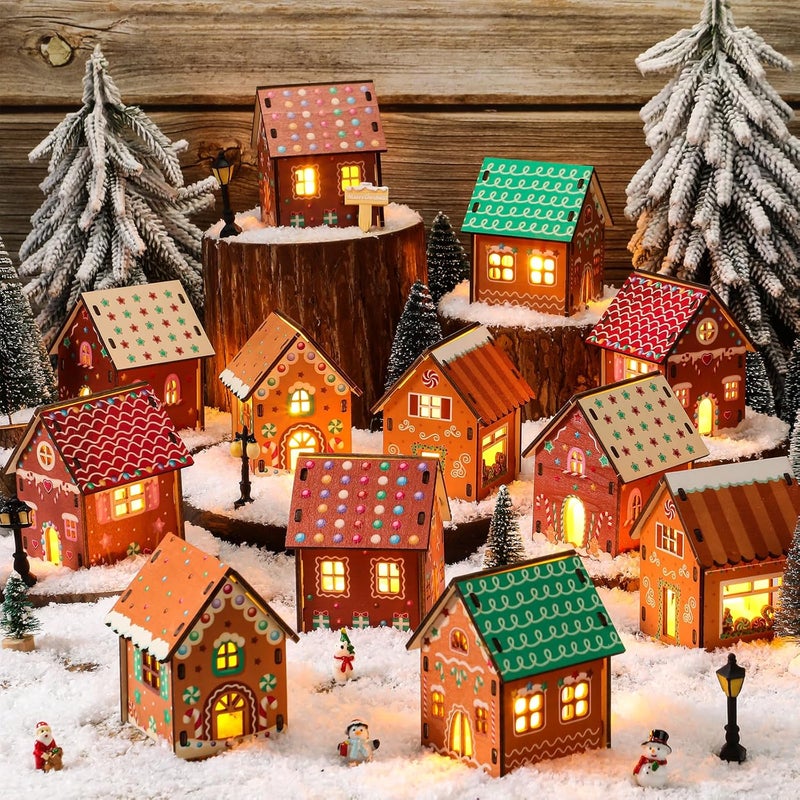 Lunmon 29 Pcs DIY Christmas Village Sets 12 Pcs Wood Village Houses Xmas Scene Figurines Decoration Mini Tree Desktop Ornament for Indoor Room Landscape Xmas Holiday Party Decor(Cute Style) - Image 1